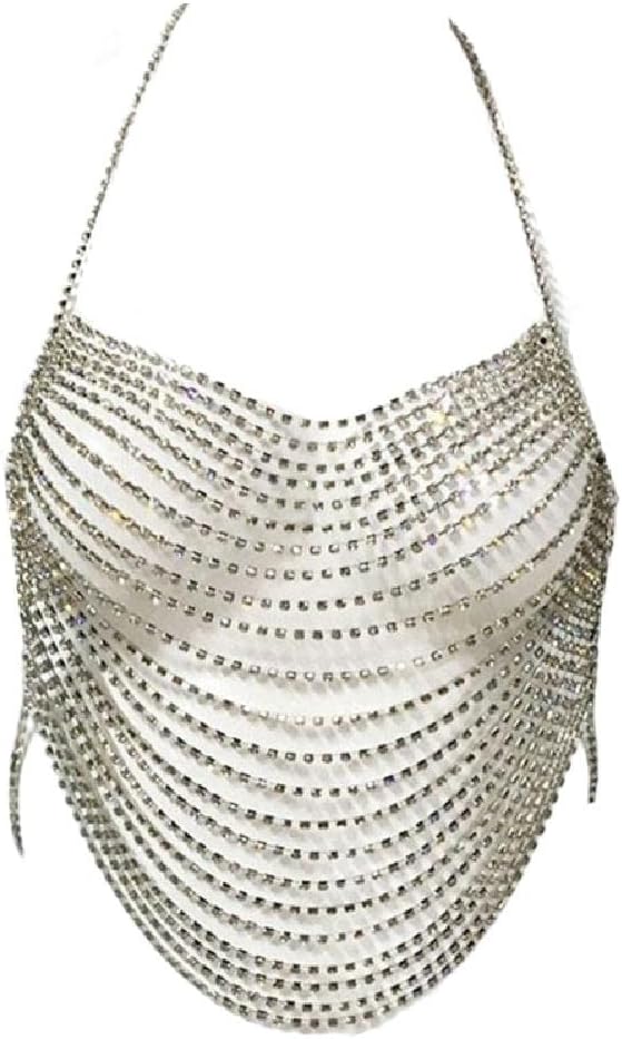 Sexy Body Chain Crystal Multilayer Rhinestone Backless Halter Crop Top Adjustable Harness Bikini Chest Chain Nightwear