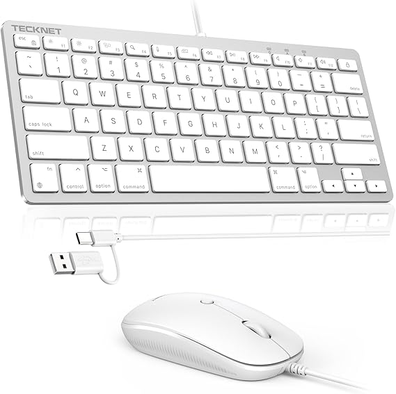 TECKNET USB Wired Keyboard and Mouse for Mac, Dual Interface(Type-C and USB A), Ergonomic Slim Keyboard Set Compatible with MacBook, iMac, Mac mini/Pro, White