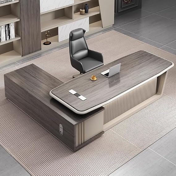 Modern Executive Desk Modern Executive Table, L-Shaped Business Computer Desks, Large Office Desk with Drawers and Lateral Cabinet, Business Furniture Table with Storage Shelves, Light Strip for Busin