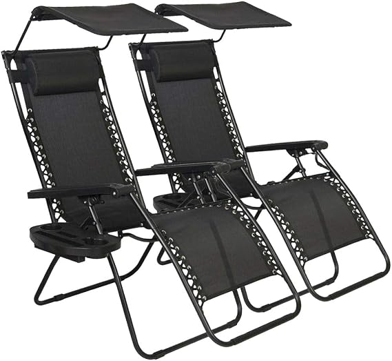 Dkeli Zero Gravity Chair with Canopy Set of 2, Outdoor Folding Lounge Chair Chaise with Cup Holder, 250LBS Weight Capacity Recliner Chairs for Patio, Pool, Beach, Lawn, Deck, Yard - Black