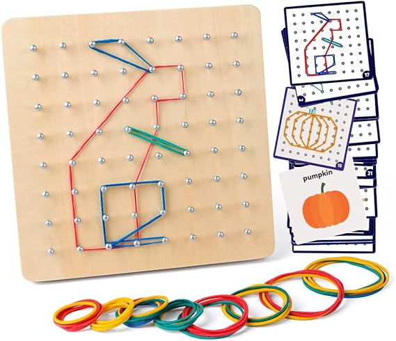 Coogam Wooden Geoboard Mathematical Manipulative Material Array Block Geo Board Graphical Educational Toys with 30Pcs Pattern Cards and Latex Bands Shape STEM Puzzle Matrix 8x8 Brain Teaser for Kid