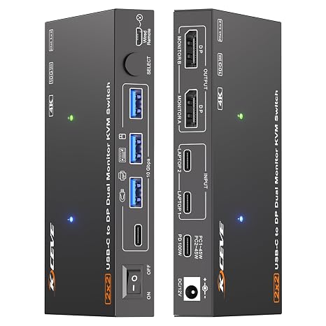 USB C KVM Switch 2 Monitors 2 Computers 4K@60Hz, Camgeet Dual Monior KVM Switch 2 Laptops Share 2 Monitors and 4 10Gbps USB Ports, USB3.2, PD 100W, Wired Remote, USB-C Cables and 12V Power Adapter
