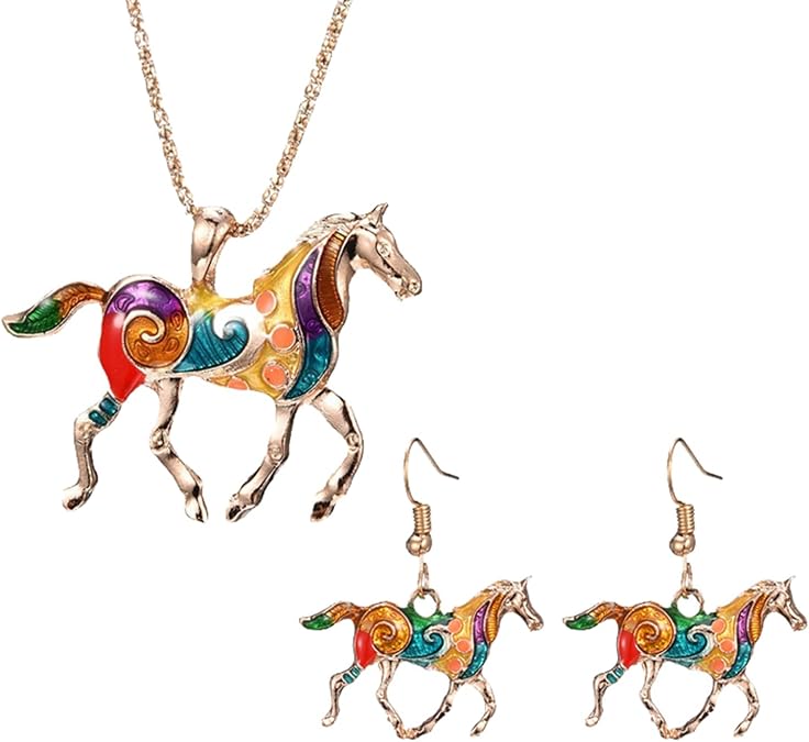Dreuyet Horse Necklace and Earrings Sets Colorful Enamel Hand Painted Horse Pendant Necklace and Earrings Set Charms Rainbow Horse Fashion Jewelry Set for Horse Lovers Owner Rider Horse Jewelry