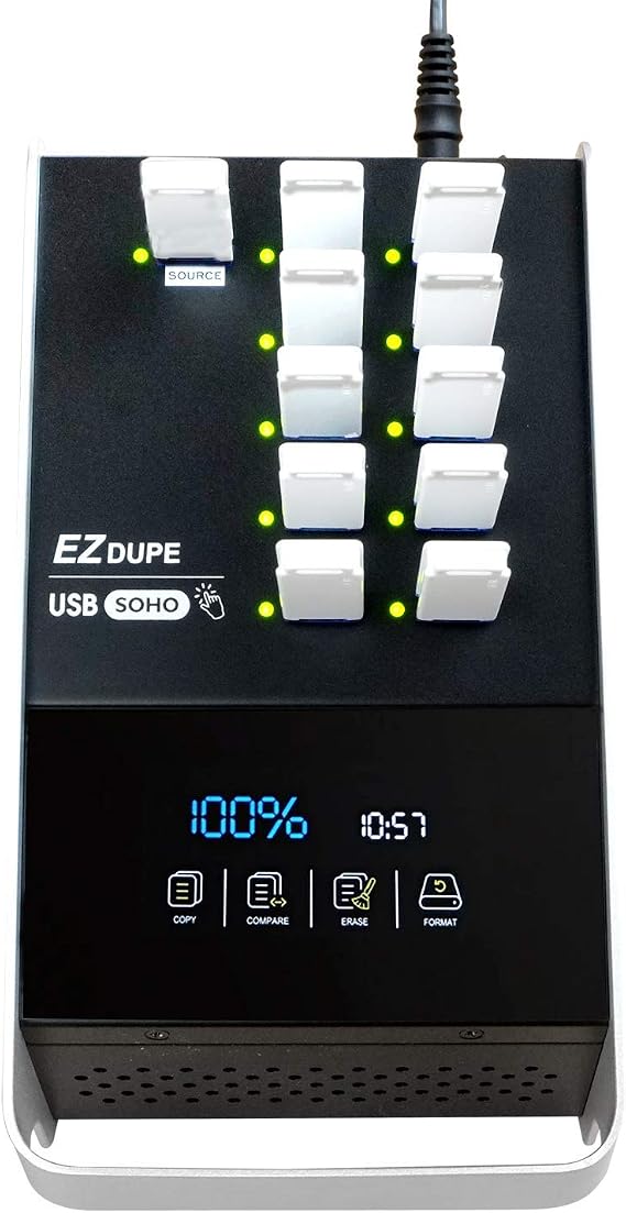 EZ Dupe SOHO Touch 1 to 10 USB Duplicator - Multiple USB 2.0/3.0/3.1 Thumb Drive Cloner Copier & Flash Media Eraser with Touchscreen Menu Function | Standalone USB 2.0 / 3.0 / 3.1 Flash Media Thumb Drive Copier - Compact portable travel size Cloner & Data Sanitizer