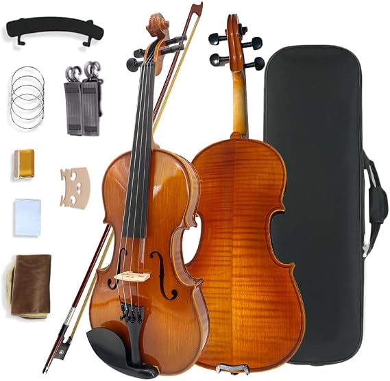 Vetimobato Handmade 4/4 Full Size Violin Set - Solid Flame Maple Back & Sides Spruce Top Ebony Fittings Complete Kit with Case Bow Shoulder Rest Strings for Beginners to Intermediate Players(4/4)