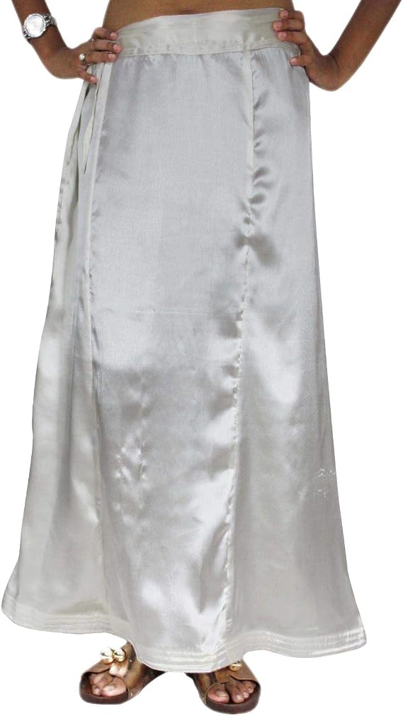 Traditional Satin Silk Petticoat Bollywood Solid Pattern Inskirt Lining for Sari Women Clothing (White)