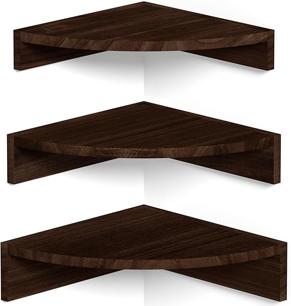 Alsonerbay Wood Corner Shelves Wall Mount 3-Pack, Dark Brown
