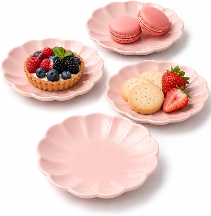 Small Dessert Plates Set of 4,Ceramic Dinner Plates 6 Inch for Appetizer, Fruits, Cake,Microwave Safe,Christmas Gift,Pink
