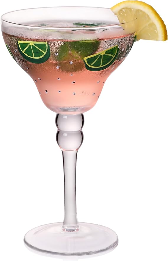 Hand-painted Margarita Glass, 10 Oz Hand Blown Glasses Modern Bar Cups for Martini, Handcrafted Coupe Drinking Glassware Stemware for Cocktail Champagne, Party Decorations (Lemon Series)