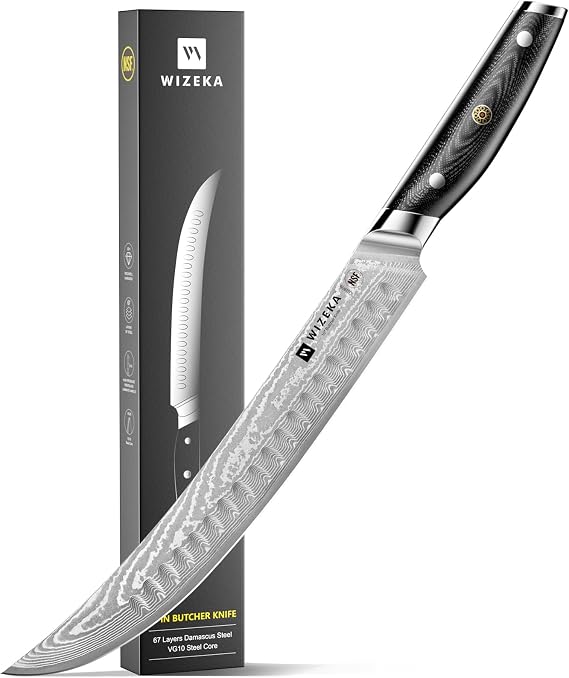 WIZEKA 10.5 Inch Damascus Butcher Knife, Full-Tang, Razor Sharp