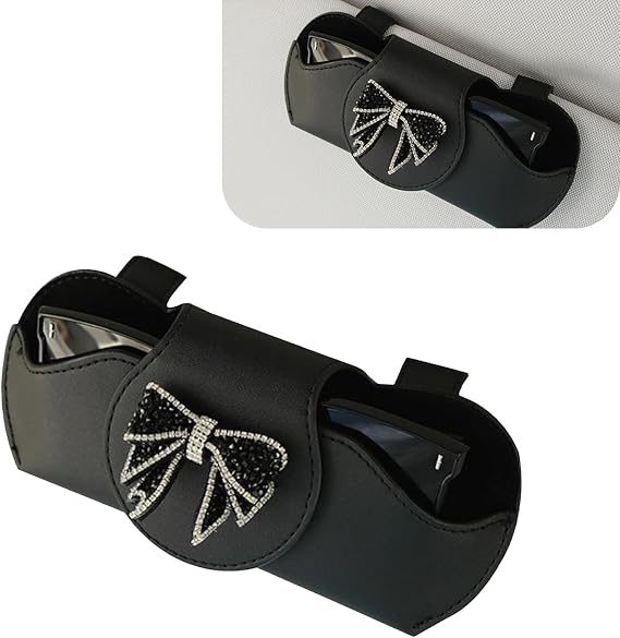 Car Sunglass Holder, Bow Sparkling Rhinestone Holder Clip for Sunglass Receipt Ornament, Strong Load-bearing Soft Interior Car Accessories for Car Visor, Universal for Most Vehicles (Black)