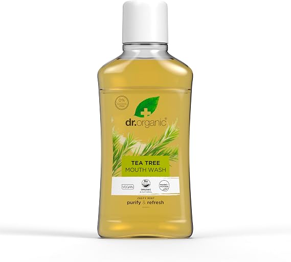 Dr Organic Tea Tree Mouthwash, Alcohol Free, Fluoride Free, Refreshing, Natural, Vegan, Cruelty-Free, Paraben & SLS-Free, Organic, 500ml, Packaging may vary
