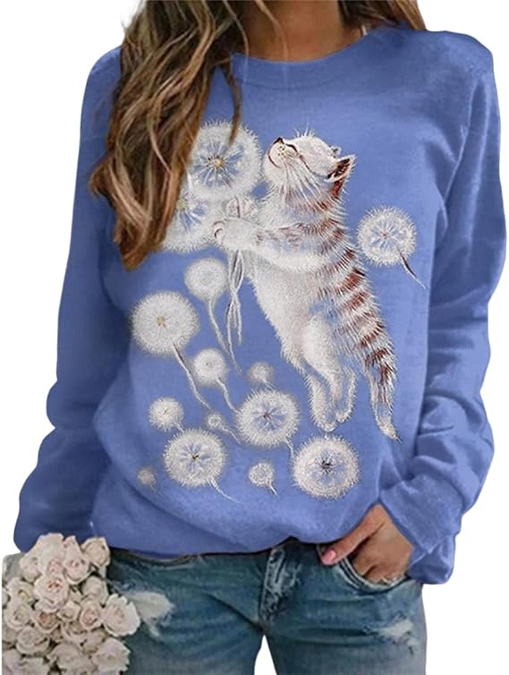 IVERIRMIN Women's 3D Cute Cat Print Sweatshirt Casual Long Sleeve Crewneck Cute Cat Pullover Loose Fit Shirts