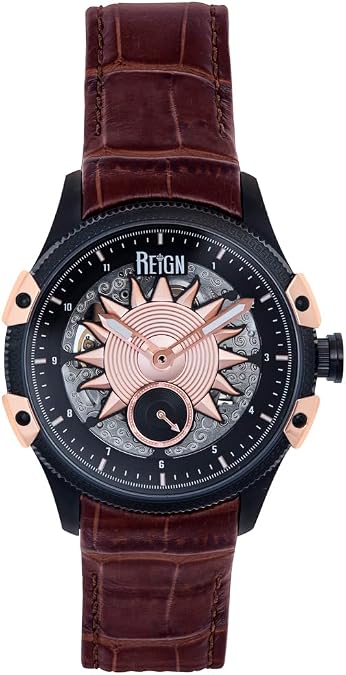 REIGN Solstice Automatic Semi-Skeleton Watch - Dark Brown/Rose Gold