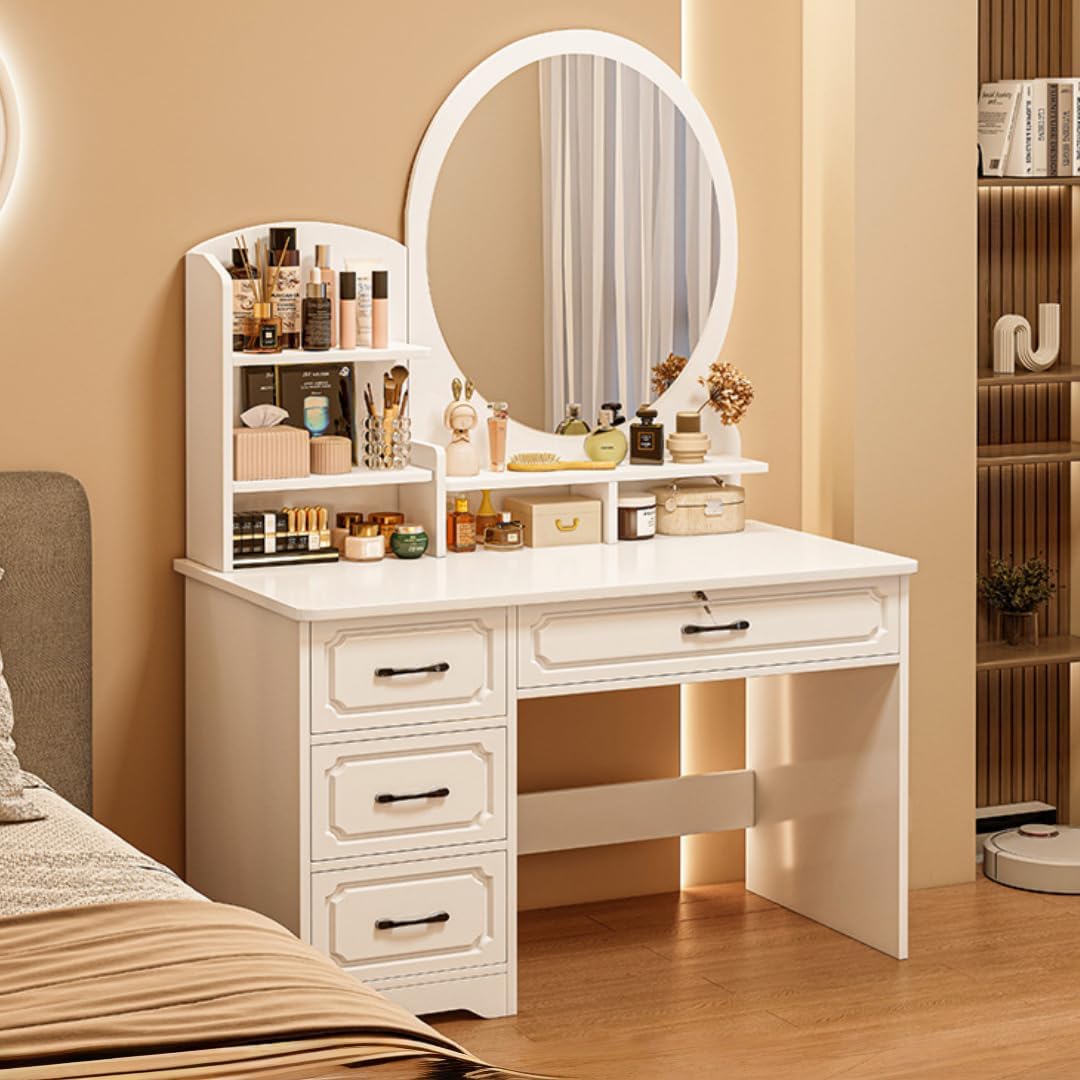 Dresser Makeup Vanity, with Mirror and Light, Dressing Table, Makeup Desk, Integrated Storage Cabinet, 3 Adjustable Light Colors, Multi-functional Storage Furniture 80cm, Round Mirror