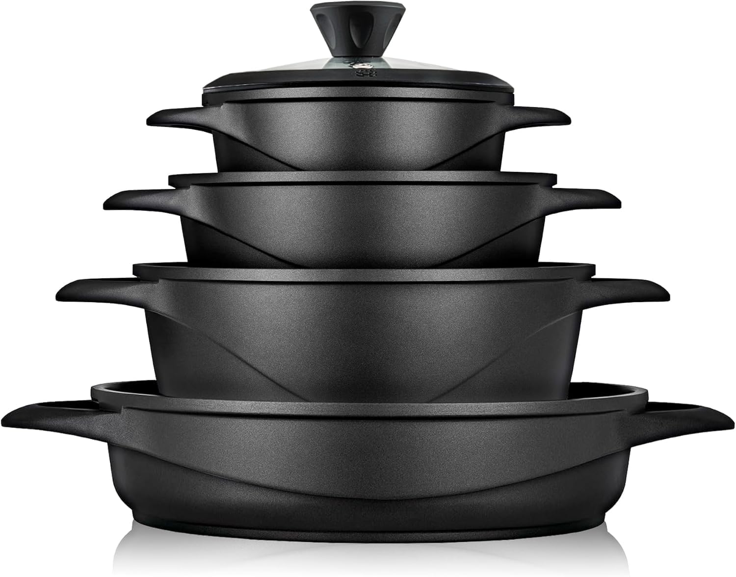 briebe Induction Cookware Set 8 Pieces, Set of 4 Cast Aluminium Cookers, Non-Stick ILAG GRANITEC PFOA Free, Set of Pots and Lids Glass, Silicone Gloves, Ceramic Hob, Gas, Oven, MGK-17S