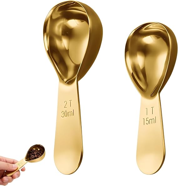 2 Pcs Golden Coffee Scoop for Ground Coffee, Tablespoon Measuring Spoons 15ml 30ml Stainless Steel Measuring Spoon Clear Scale, Suitable for Measuring Beans Tea Powder and Sugar