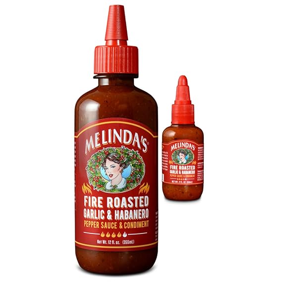 Melinda's Fire Roasted Garlic & Habanero Sauce - 12oz 1pk + 2oz Mini | Rich & Smoky Habanero Hot Sauce Made with Slow Roasted Garlic, Fresh Peppers, Lime Juice, Perfect for Wings, Tacos and More