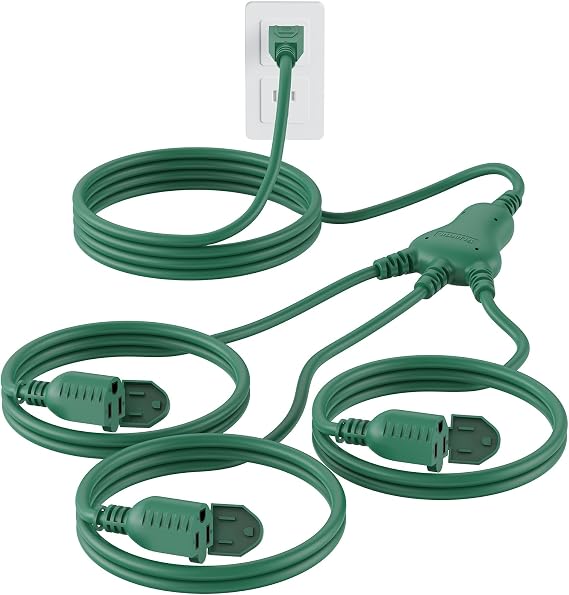 PLUGTUL 27FT Outdoor Extension Cord with Multiple Outlets | 1 to 3 Splitter Max 15FT End to Male Plug (Total 27FT) 16/3 SJTW Power Cord for Halloween Christmas, ETL Listed, Green