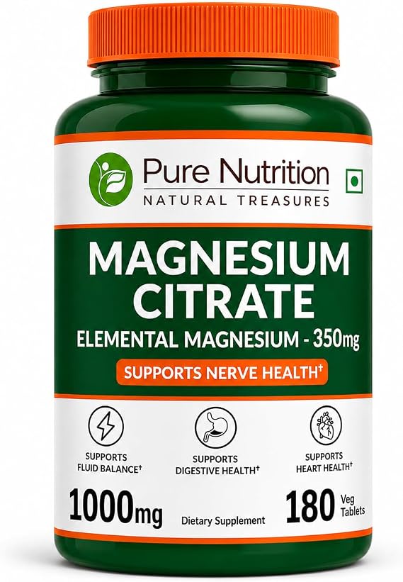 Pure Nutrition Magnesium Citrate | 350mg Elemental per Serving | 180 Veg Tablets | Supports Bone Health & Overall Wellness | Non GMO