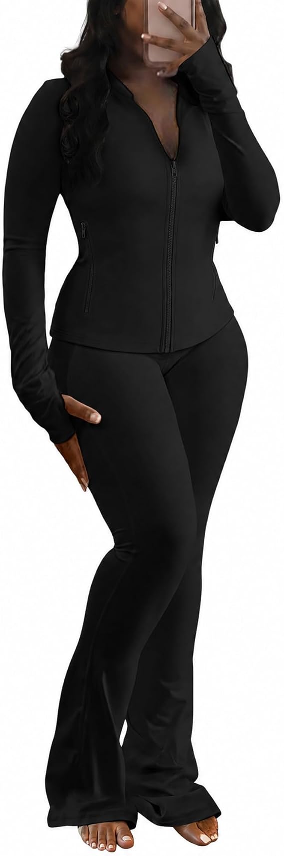 Adogirl Women 2 Piece Outfits Tracksuit Set Zipper Crop Jacket Flare Pants
