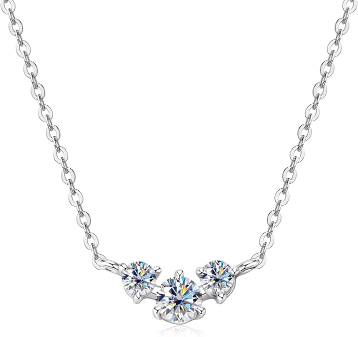 3 Stone Moissanite Pendant Necklace for Women | D Color VVS1 Clarity Moissanite 925 Silver Necklace for Mom Wife Birthday Wedding Jewelry Gifts
