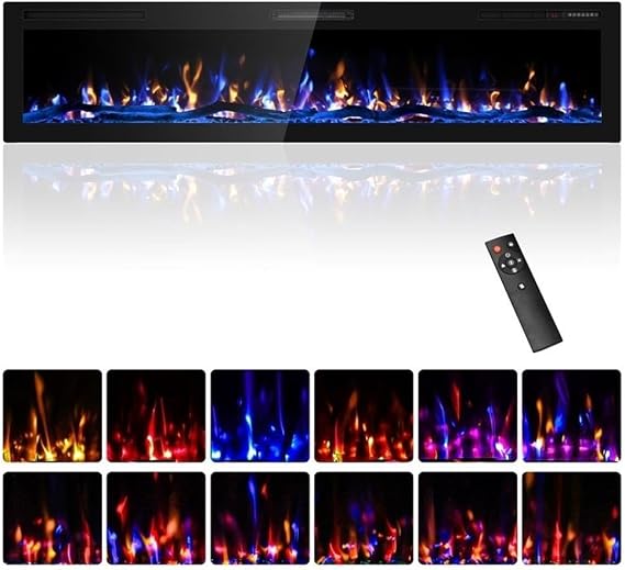 80" Black Ultra-Thin Recessed Electric Fireplace with 3D HD Flames & Remote