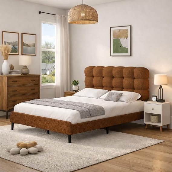 BarnFurin Full Bed Frame, Soft Teddy Cloud Boucle Headboard, Brown