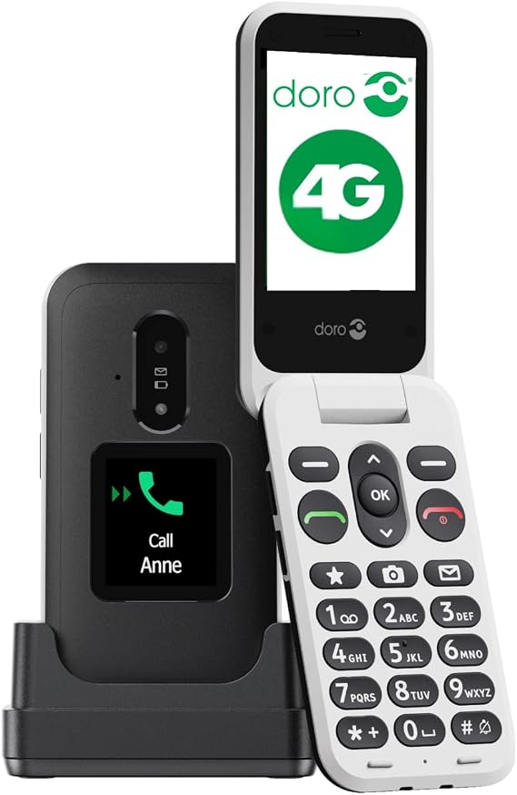 Doro Leva E30-4G Flip Phone for Elderly - Large 2.8" Screen, External Display, High Contrast Keys, Loud & Clear Sound, Camera Secure Button - Charging Cradle - Black/White