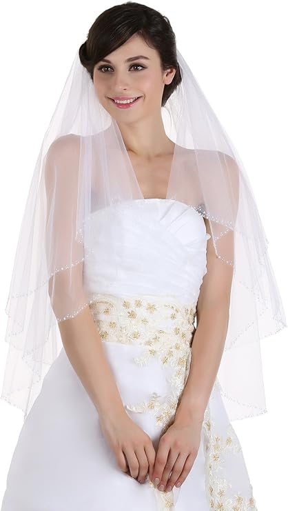 SAMKY 2T 2 Tier Crystal Beaded Edge Bridal Wedding Veil
