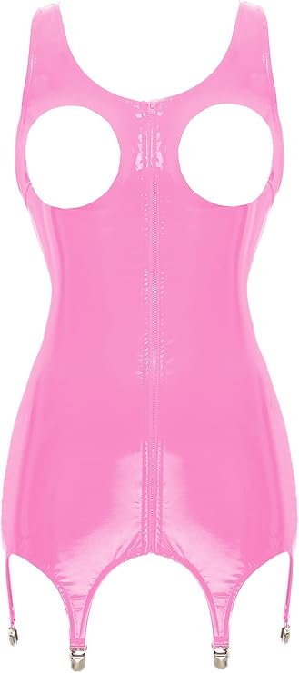 Women Party Club Open Bust Bodycon Mini Dress Clubwear Latex Leather Slim Fit Dress with Garter Belt