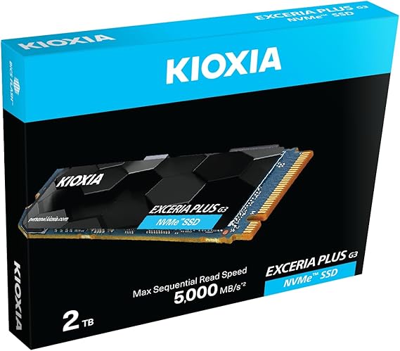 KIOXIA EXCERIA PLUS G3 SSD 2TB - M.2 2280 PCIe Gen4 4.0 NVMe 1.4, Read/Write Speed up to 5000/3900 MB/s, Internal Drive for Notebook/Laptop, Desktop PC, Gaming, Gamers and Video Editors (LSD10Z002TG8)