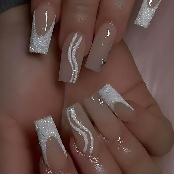 Press on Nails Medium French Ripple False Nails Artificial Acrylic Nails Glitter Powder Rhinestones Design Square Fake Nails 24Pcs Full Cover Glossy Reusable Coffin Nails Glue on Nails for Women