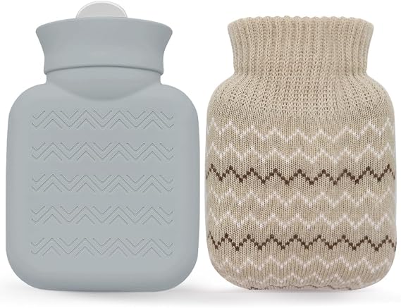 320ml Hot Water Bottle with Knited Cover, Mini Hot Water Bag for Pain Relief, Waist, Back, Neck, Shoulders, Small Leak Proof Hot Water Bottle with Removable Cover for Women, Kids, Best Gifts