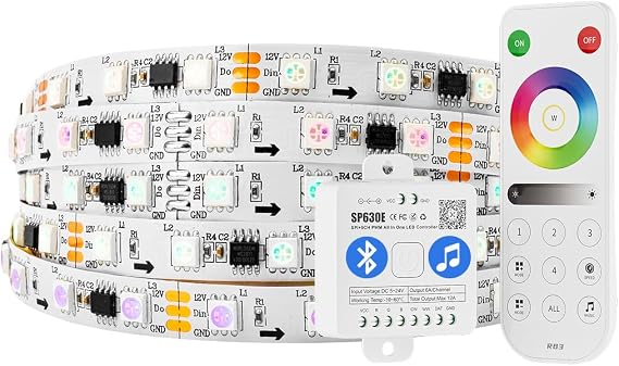 BTF-LIGHTING WS2811 RGB IC Addressable LED Strip DC12V 16.4FT 60LEDs/m 20Pixels/m 300LEDs 100pixels White PCB IP30, 4 Zones 2.4GHz RF Remote RB3 & SP630E Bluetooth Controllers Kit(NO Power Adapter)