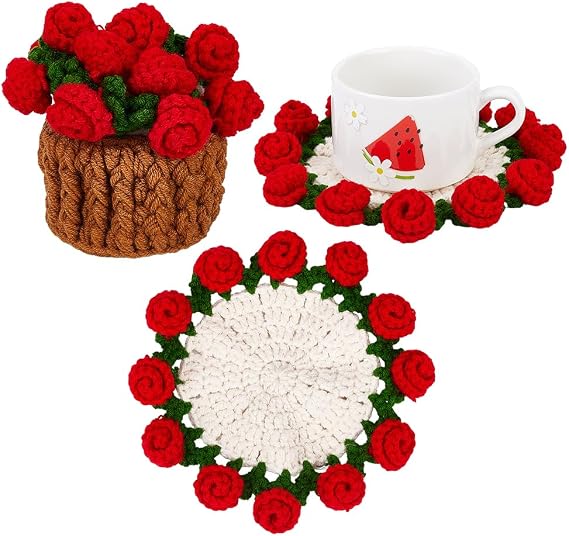 Handmade Flower Crochet Coaster Set Wool Yarn Hot Pads with Flower Basket Hand-Crocheted Rose Coaster Fun Soft Decorative Drink Coasters for Coffee Tabletop Protection and Home Decor Red