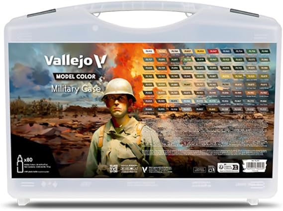 Vallejo - Model Color Military Case | Premium Acrylic Paint Brush Set | Historical Fidelity and Color Variety | Portable Hobby Storage Box | 72 Bottles x 17 ml. (0.57 fl.oz) and 3 Brushes Included