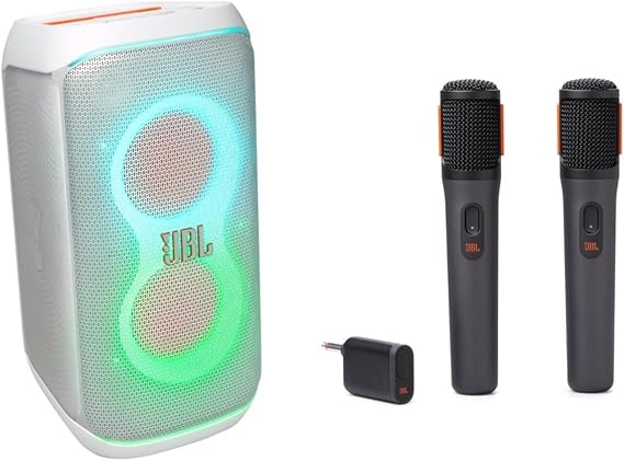 Set ExclusiveJBL PartyBox Club 120 Bluetooth Speaker/Wireless / 160W Output / IPX4 / Microphone Input/Guitar Input Included/White / JBLPBCLUB120SWJN + JBL PartyBox Wireless Mic 2-Piece