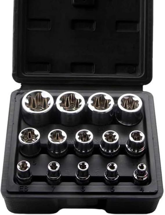 E-Type TORX Socket Set 14-Piece Star and Flower Type Socket Wrench E4 E5 E6 E7 E8 E10 E11 E12 E14 E16 E18 E20 E22 E24 Screw Removal E-Type Socket with Storage Box Black