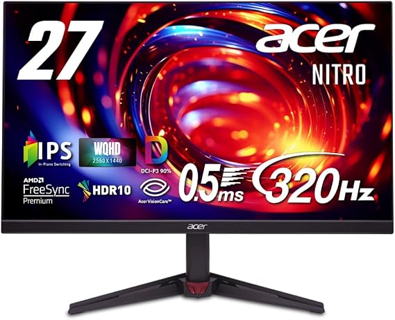 Acer 27-Inch WQHD 1 Billion 700 Million Colors IPS Matte 320Hz 0.5ms GtG AMD FreeSync Premium DCI-P3 90% HDR10 Blue Light Shield HDMI 2.1 DisplayPort v1.4 Speaker/Headphone Jack VESA Mount