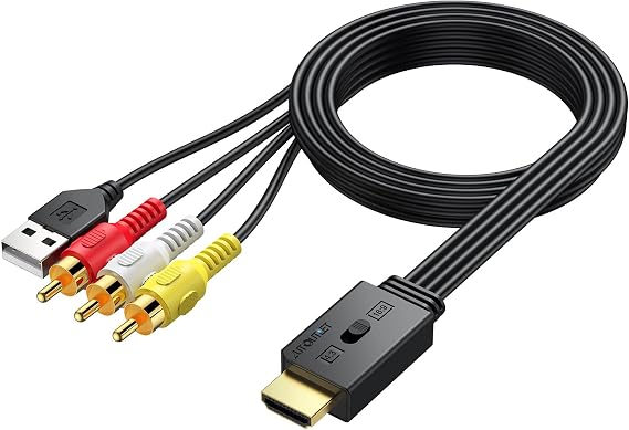 AUTOUTLET RCA to HDMI Converter 1080P AV to HDMI Adapter Supports 16:9/4:3 Conversion & PAL/NTSC AV RCA Video Audio Adapter with 150 cm Male RCA Cable for DVD VHS and VCR Players