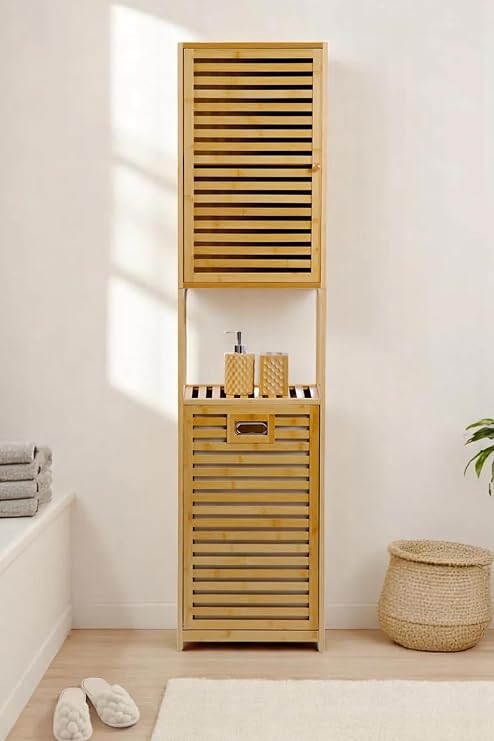 Digithome Bamboo Dirty Basket Bathroom Cabinet with 1 Shelf Lid Bathroom Organizer Laundry Basket Organizer DB-0010