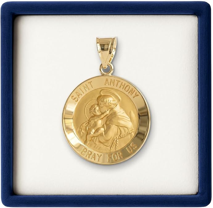 CROSS + CROWN Premium 14K Yellow Gold Saint Anthony Pendant, Durable Double-Bonded 14K Pendant for Necklace, Women & Mens Gold St Anthony Medal, Handcrafted Religious Jewelry in the USA, 0.75"