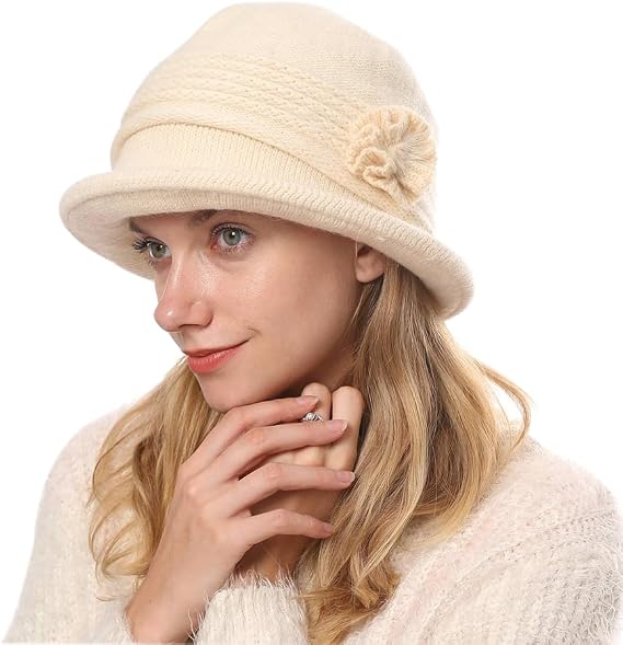 ZffXH Womens Cloche Hat, Winter Knit 1920 Vintage Beanie Cap Bowler Church Bucket Dress Felt for Women Ladies Seniors