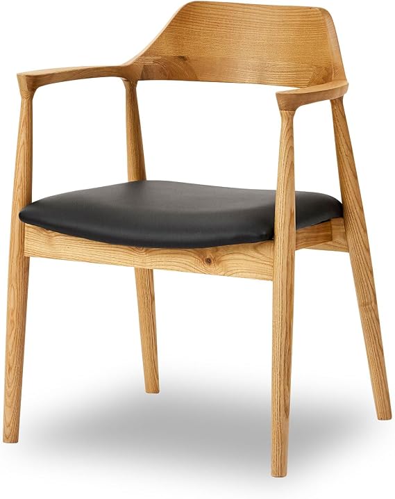 Seki Furniture Dining Chair, Wooden Dining Table Chair with Armrests, Roger Natural Faux Leather Black, Seki Furniture