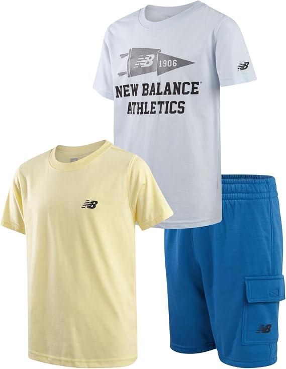 New Balance Boys 3 Piece Crewneck Graphic Tees & Performance Shorts 8-12 | Fun Modern Prints, Solid Coordinated Tops, Easy Dressing, Built for Sports, Play & Practical Everyday Summer Wear