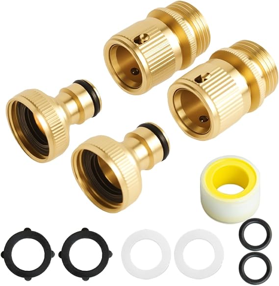 cuteDIY Garden Hose Quick Connect 3/4 Inch GHT Solid Brass 2 Sets Washers