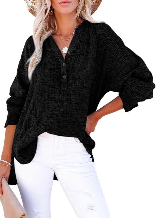 Dokotoo Long Sleeve Shirts for Women Casual V Neck Oversized Blouses Tops