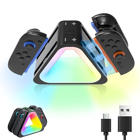 Charging Dock for Nintendo Switch 2 Joypad, 4 in 1 Joy Con 2 Controller Dual-Direction Magnetic Fast Charger Station, Ergonomic & Magnetic, with Adjustable 7 RGB Light Mode and Charging Type-C Cable