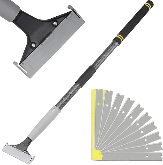 Floor Scraper Heavy Duty Long Handle,31in 4" Razor Blade Floor Scraper Adjustable with 10PCS Extra Metal Blades Paint Scraper for Cleaning Stickers Gum Glass Wall Tile Linoleum Stove Top